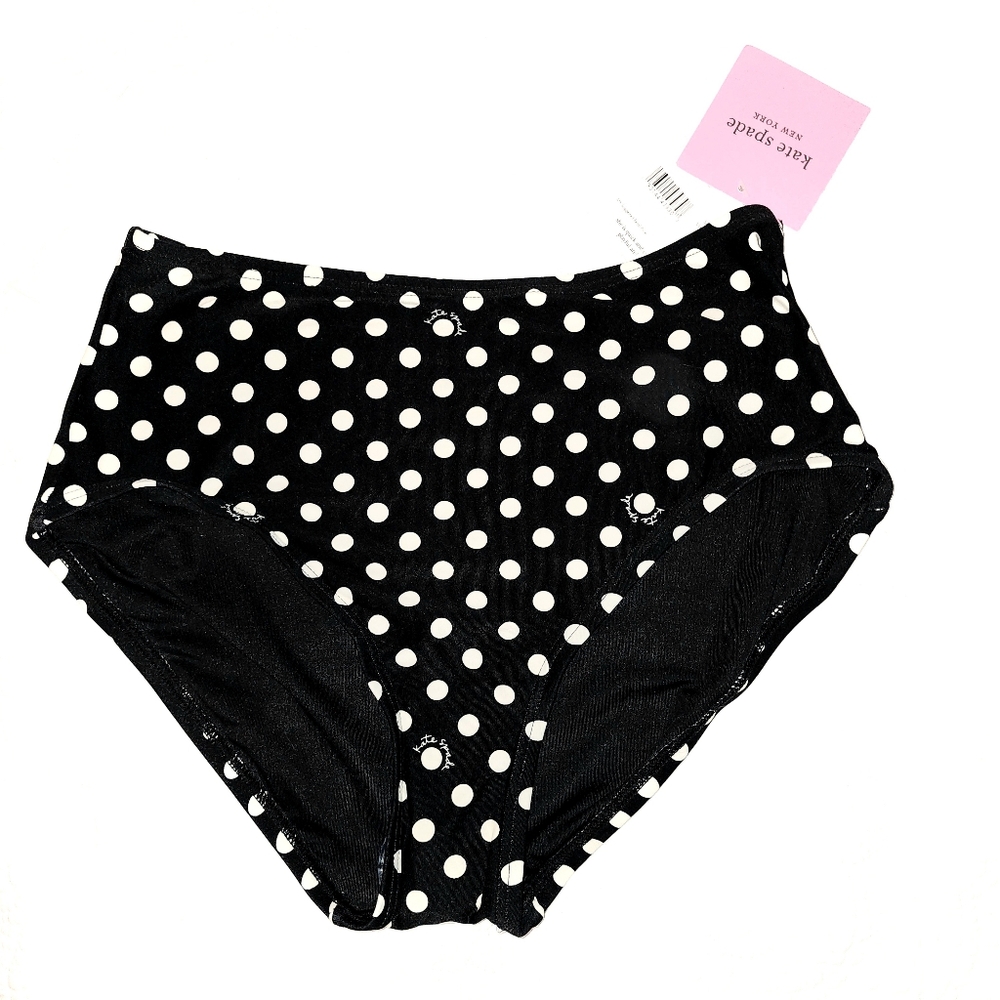 Kate Spade Women's Small Black and White Polka Dot Logo High Waist Bikini Bottom